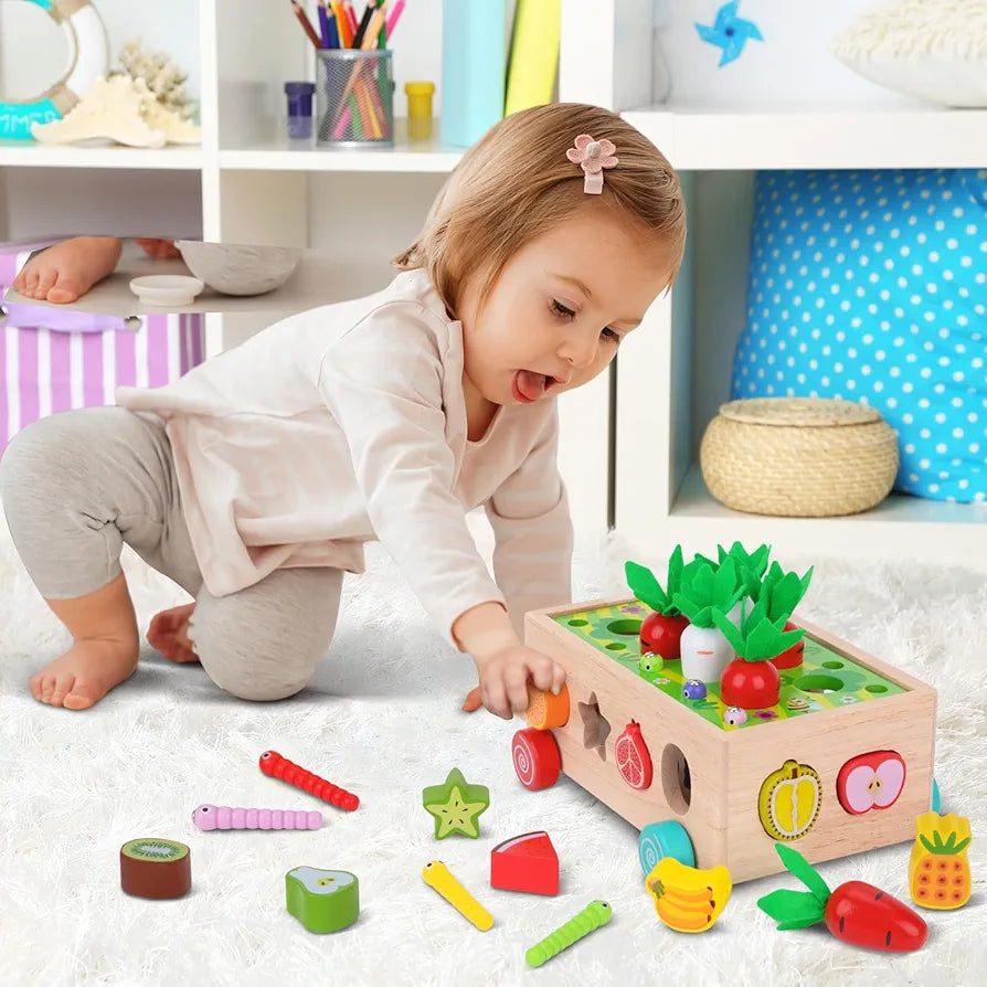 Montessori Wooden Fruit & Carrot Harvest Toy | Shape Sorting & Fine Motor Learning Game for Toddlers