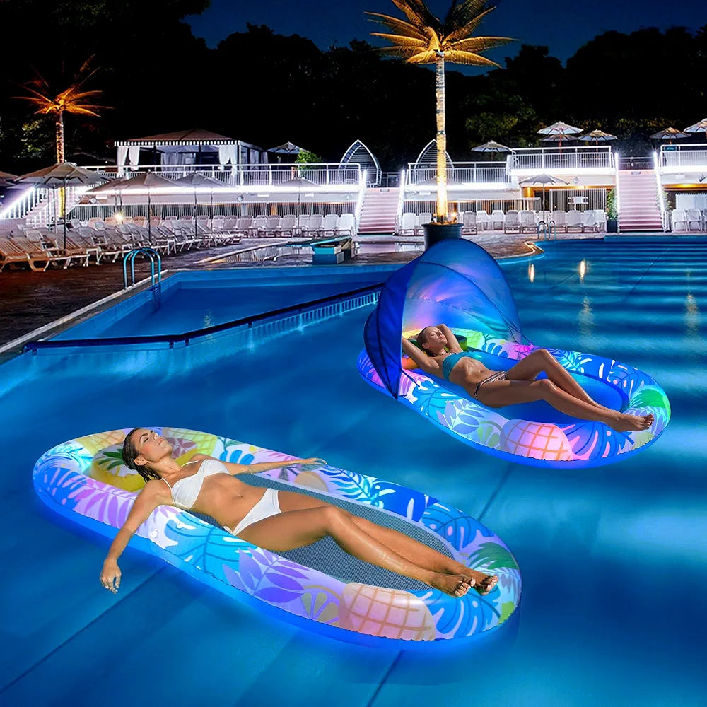 LED Lighted Inflatable Tanning Lounger with Adjustable Canopy