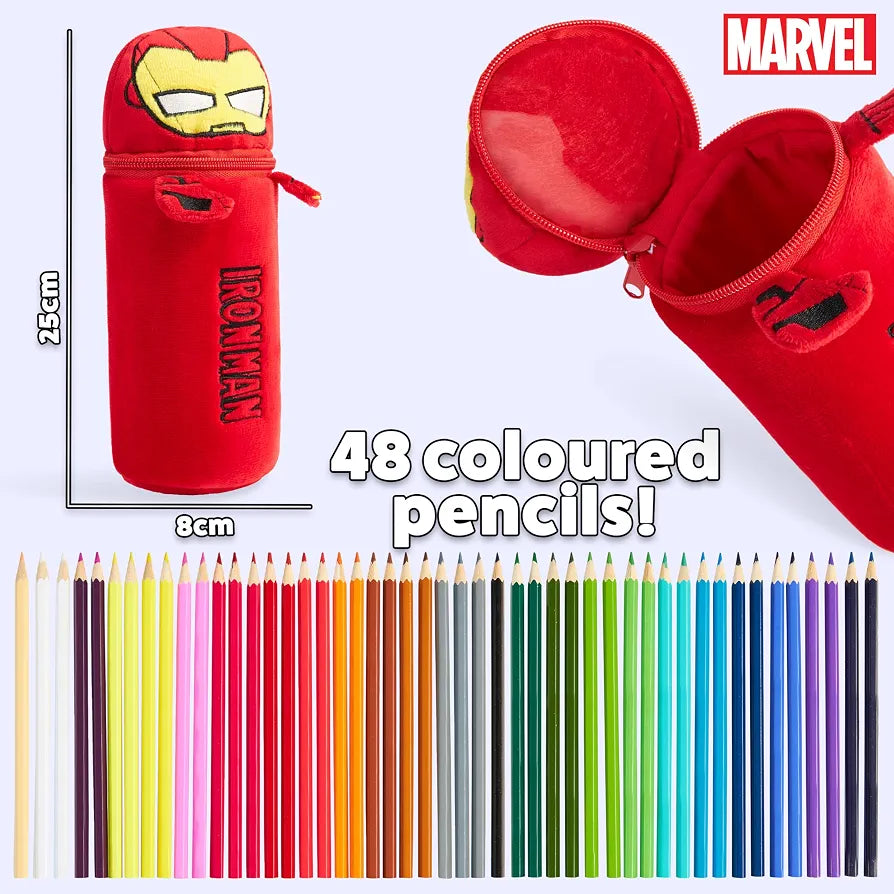 Marvel Spiderman Colored Pencils and Pencil Case 48 Pcs Art Supplies (Red Iron Man)