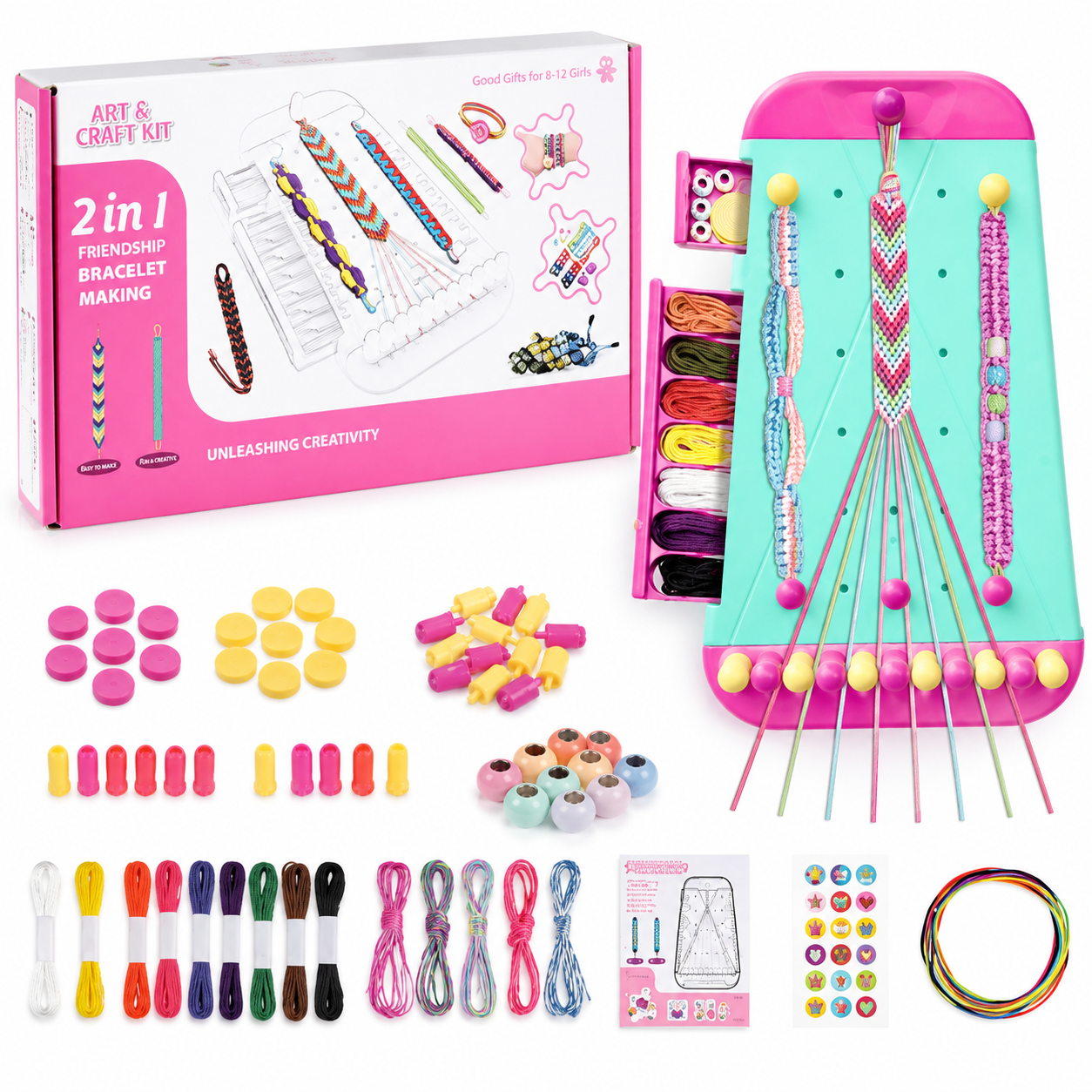 2 in 1 Friendship Bracelet Making Kit with Bracelet Loom, Beads & Threads