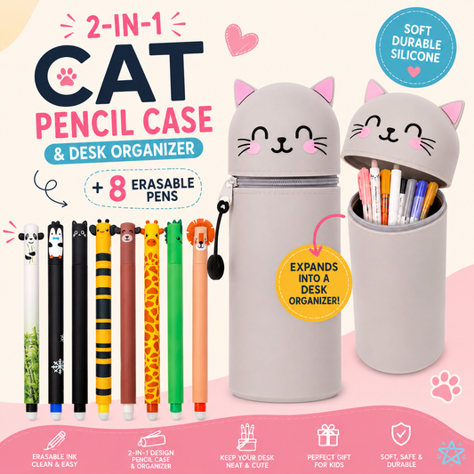 2-in-1 Cat Pencil Case & Desk Organizer + 8 Erasable Pens