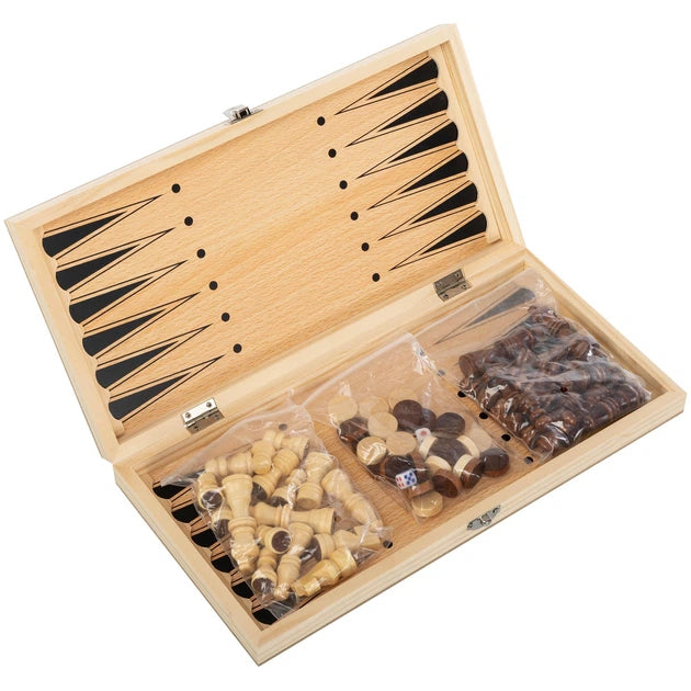 3-in-1 Wooden Chess, Checkers & Backgammon Set Premium Family Board Game