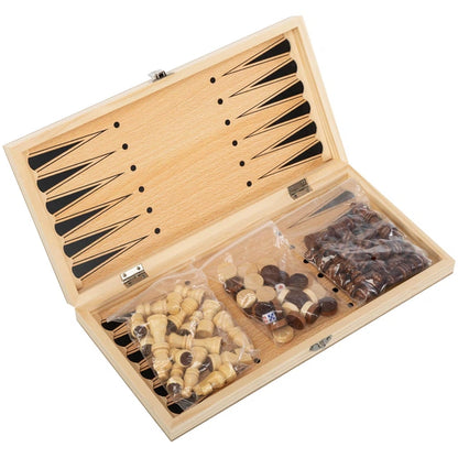 3-in-1 Wooden Chess, Checkers & Backgammon Set Premium Family Board Game