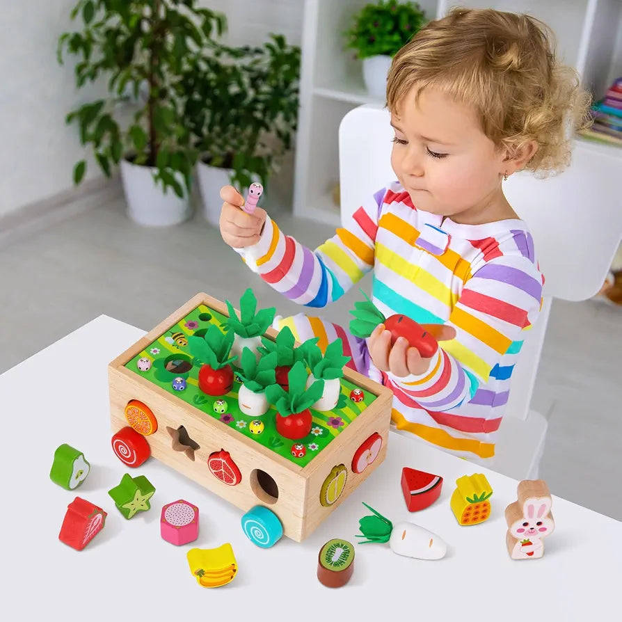 Montessori Wooden Fruit & Carrot Harvest Toy | Shape Sorting & Fine Motor Learning Game for Toddlers