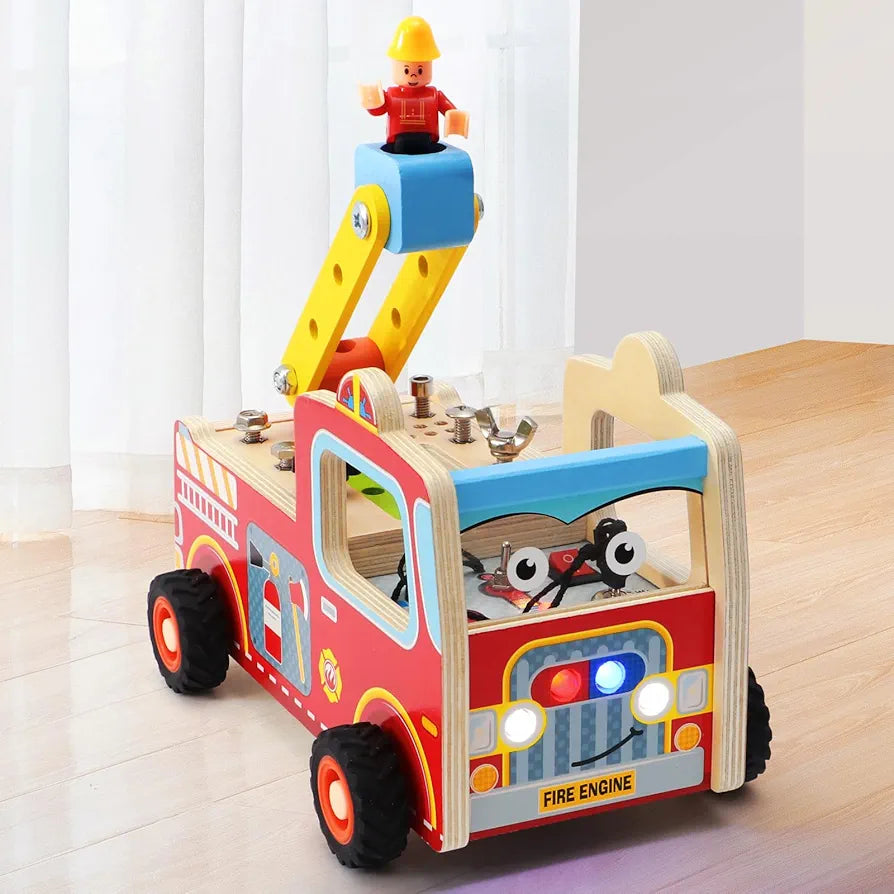 Atoylink Wooden Montessori Busy Board Fire Engine Truck for Toddlers