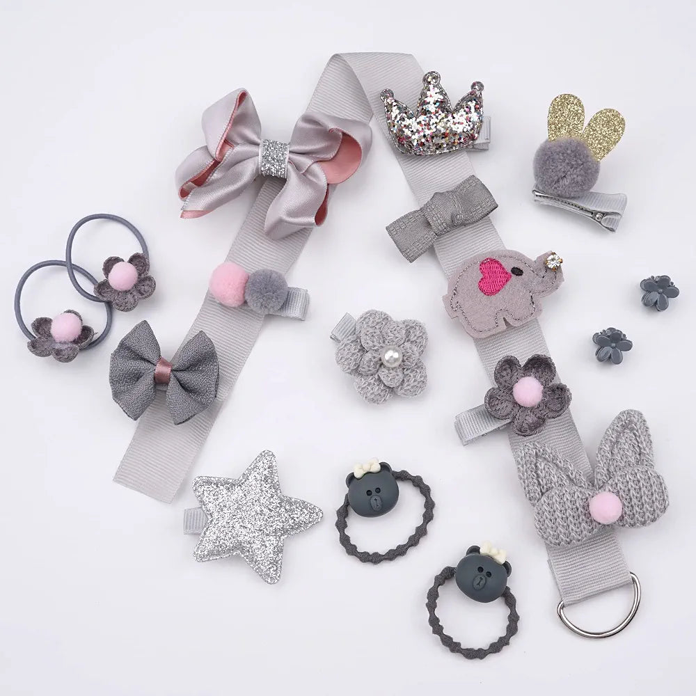 🎀 Elegant 18-Piece Sweet Moments Hair Accessory Gift Set – Soft Gray & Pink