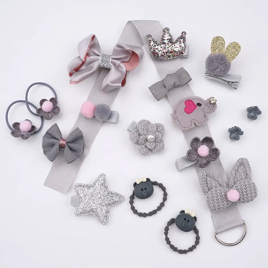 🎀 Elegant 18-Piece Sweet Moments Hair Accessory Gift Set – Soft Gray & Pink