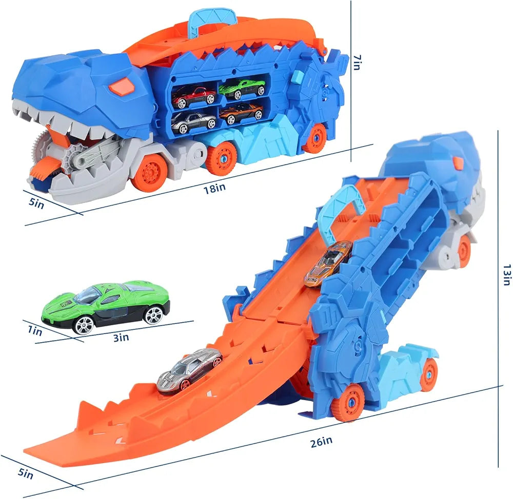 Transforming Dinosaur Monster Truck Playset 🦖 Dino Carrier + 8 Alloy Cars & DIY Road Track