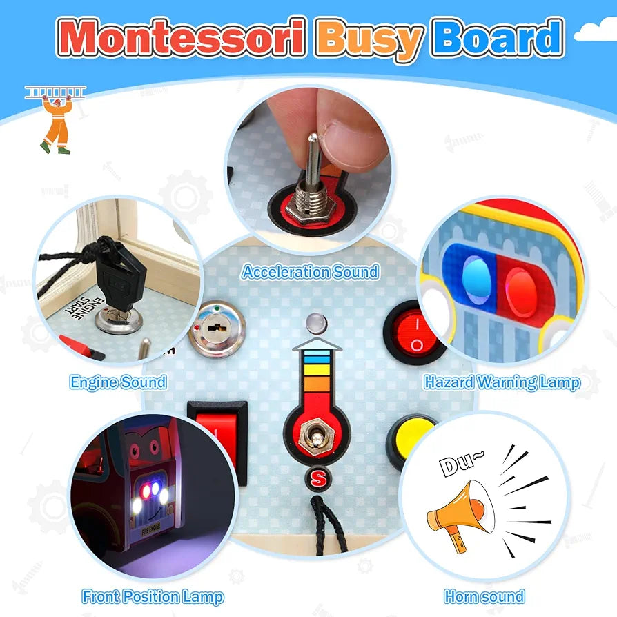 Atoylink Wooden Montessori Busy Board Fire Engine Truck for Toddlers