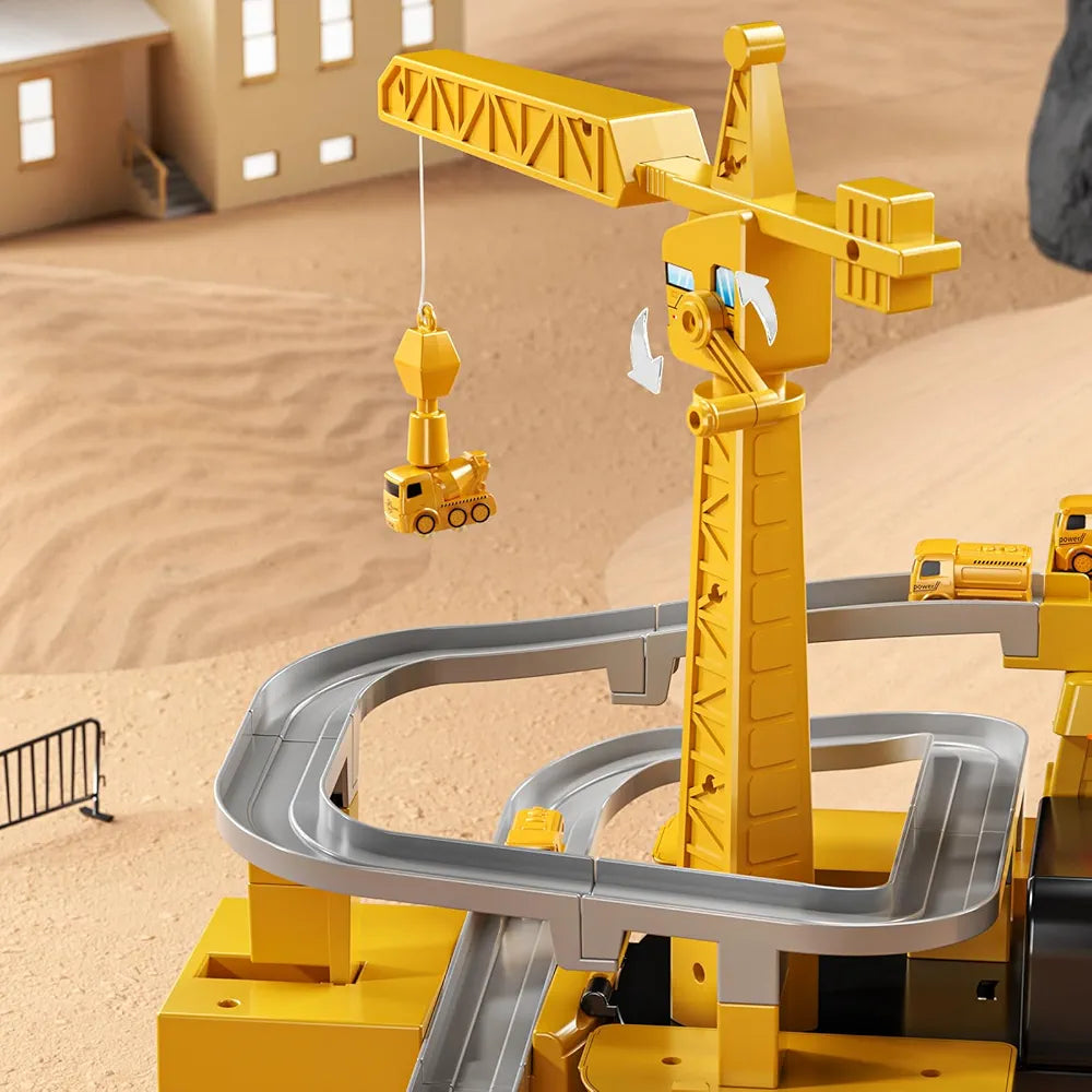 Mega Construction Excavator & Race Track Playset – 8 Mini Trucks, Lights, Sounds & Play Mat Included