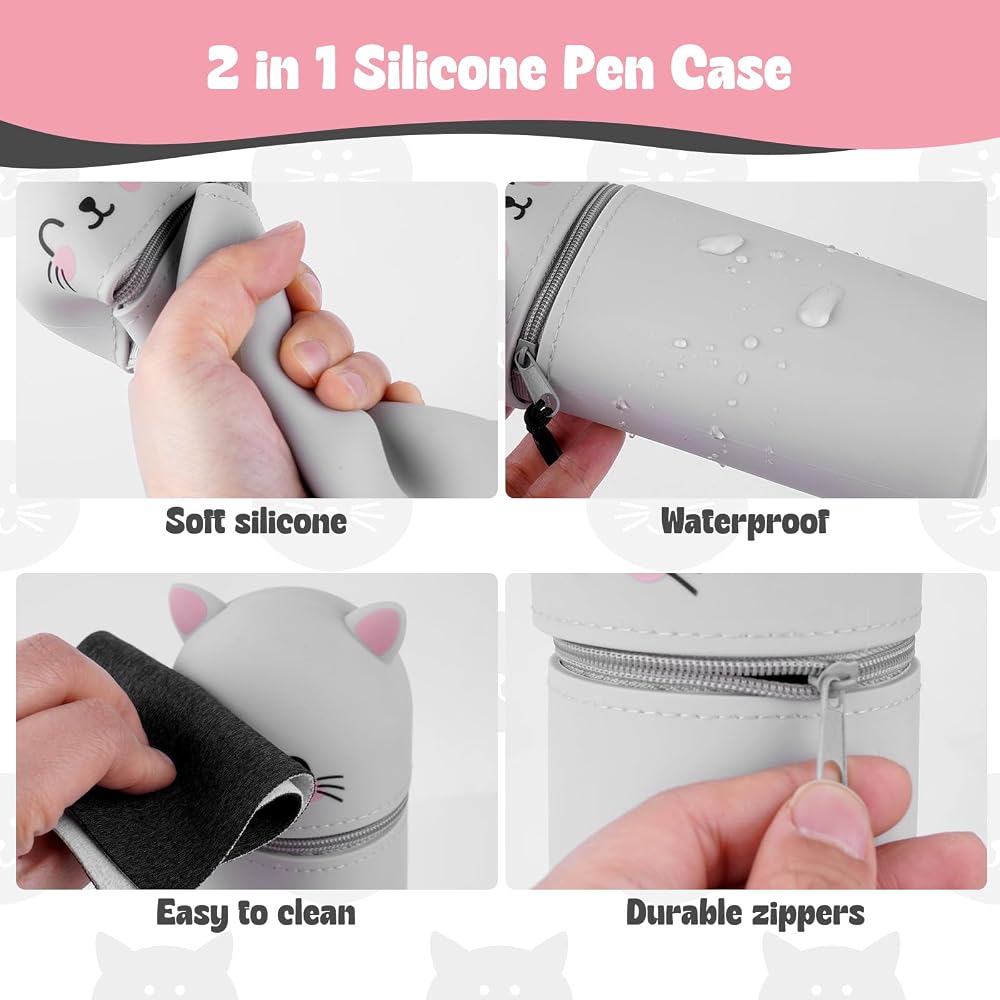 2-in-1 Cat Pencil Case & Desk Organizer + 8 Erasable Pens