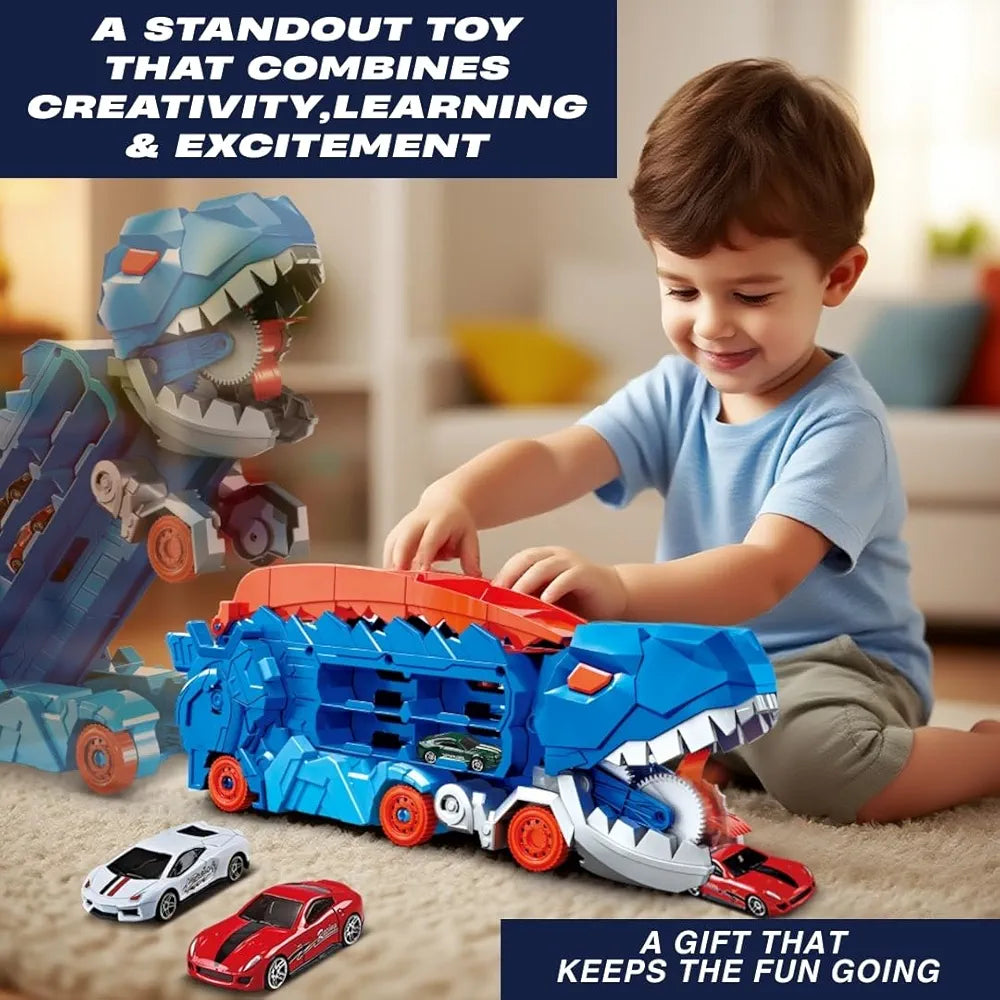 Transforming Dinosaur Monster Truck Playset 🦖 Dino Carrier + 8 Alloy Cars & DIY Road Track