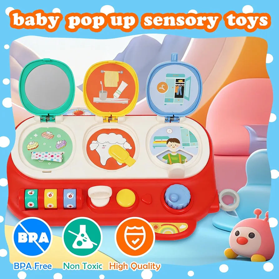 Montessori Busy Board Activity Center for Toddlers 1+ Sensory Travel Toy with Mirror & Fine Motor Skills