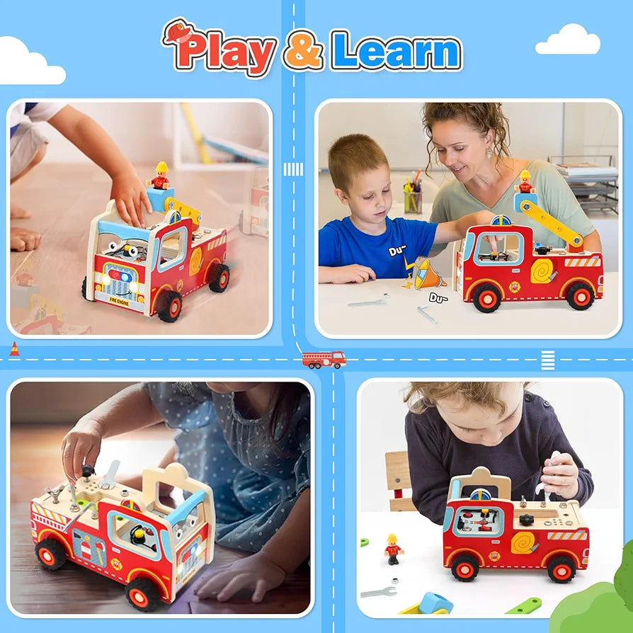Atoylink Wooden Montessori Busy Board Fire Engine Truck for Toddlers