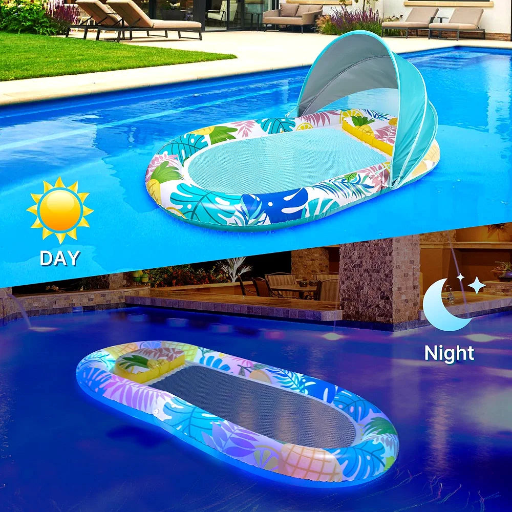 LED Lighted Inflatable Tanning Lounger with Adjustable Canopy