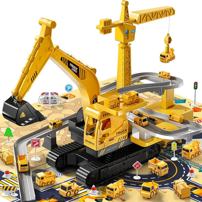 Mega Construction Excavator & Race Track Playset – 8 Mini Trucks, Lights, Sounds & Play Mat Included