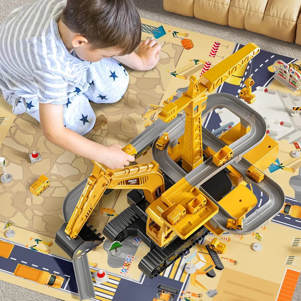 Mega Construction Excavator & Race Track Playset – 8 Mini Trucks, Lights, Sounds & Play Mat Included