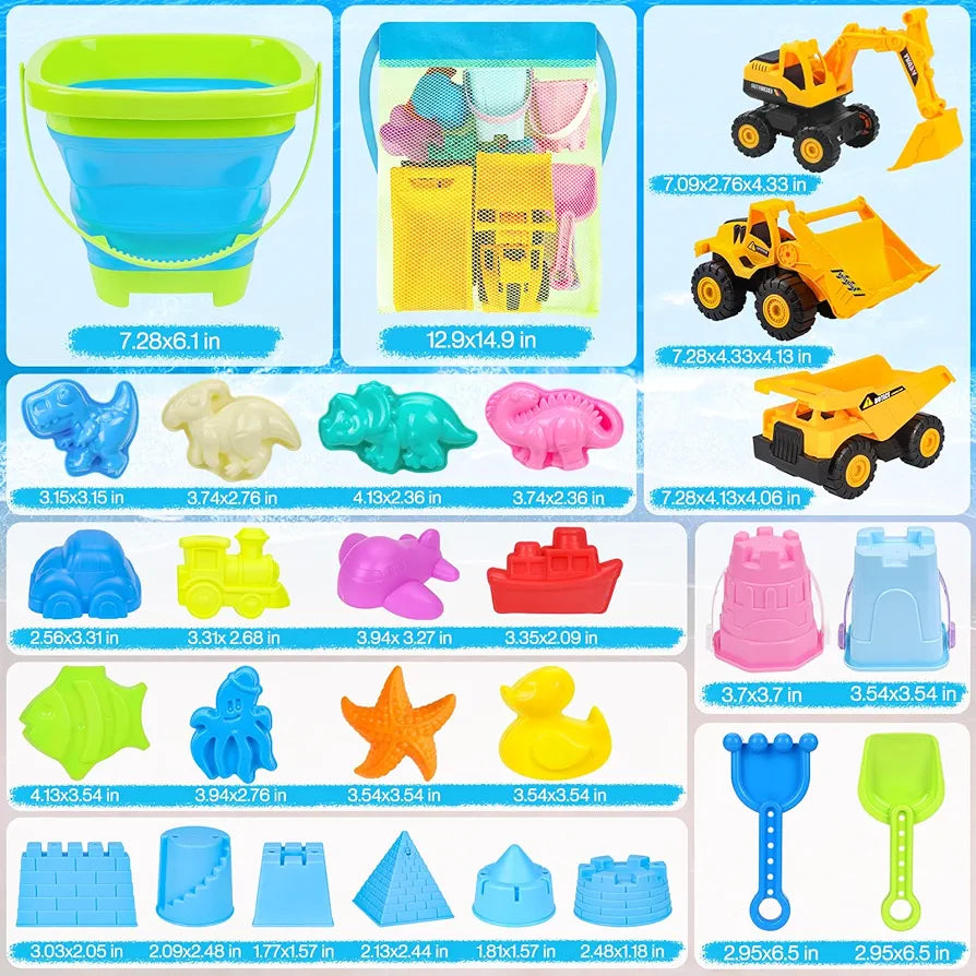 33+ PCS Beach Construction Toy Set – Trucks, Collapsible Buckets, Sand Molds & Travel Bag