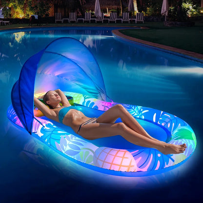 LED Lighted Inflatable Tanning Lounger with Adjustable Canopy