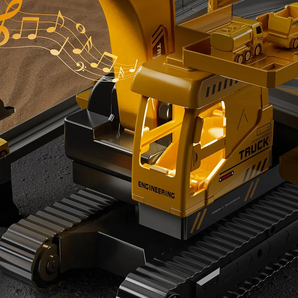 Mega Construction Excavator & Race Track Playset – 8 Mini Trucks, Lights, Sounds & Play Mat Included