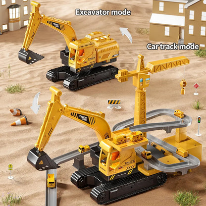 Mega Construction Excavator & Race Track Playset – 8 Mini Trucks, Lights, Sounds & Play Mat Included