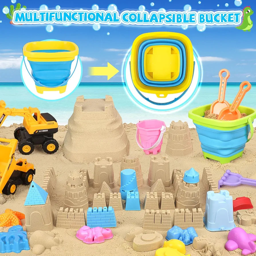 33+ PCS Beach Construction Toy Set – Trucks, Collapsible Buckets, Sand Molds & Travel Bag