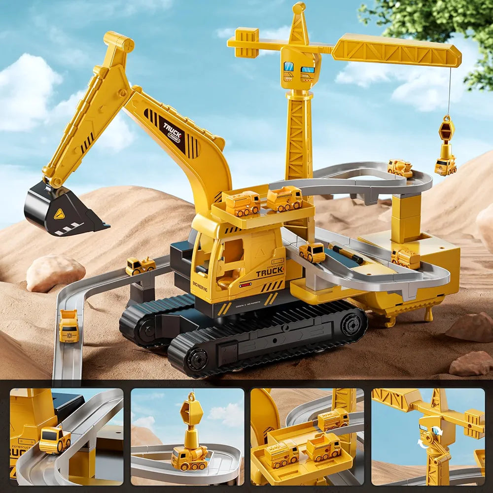 Mega Construction Excavator & Race Track Playset – 8 Mini Trucks, Lights, Sounds & Play Mat Included