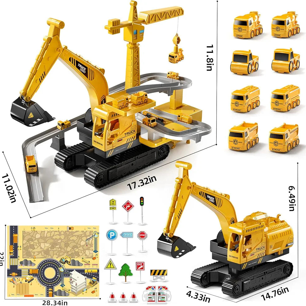 Mega Construction Excavator & Race Track Playset – 8 Mini Trucks, Lights, Sounds & Play Mat Included