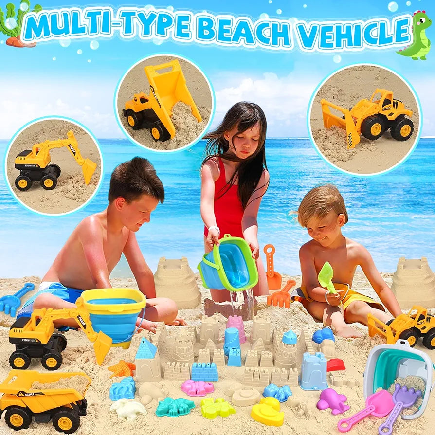 33+ PCS Beach Construction Toy Set – Trucks, Collapsible Buckets, Sand Molds & Travel Bag