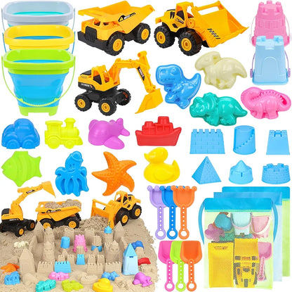33+ PCS Beach Construction Toy Set – Trucks, Collapsible Buckets, Sand Molds & Travel Bag