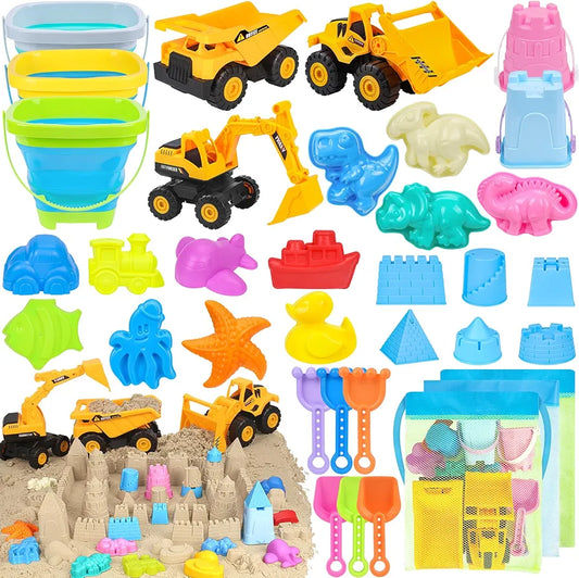 33+ PCS Beach Construction Toy Set – Trucks, Collapsible Buckets, Sand Molds & Travel Bag