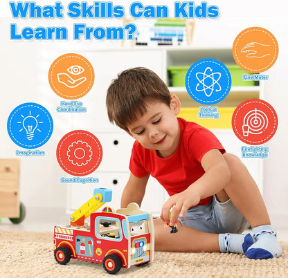 Atoylink Wooden Montessori Busy Board Fire Engine Truck for Toddlers