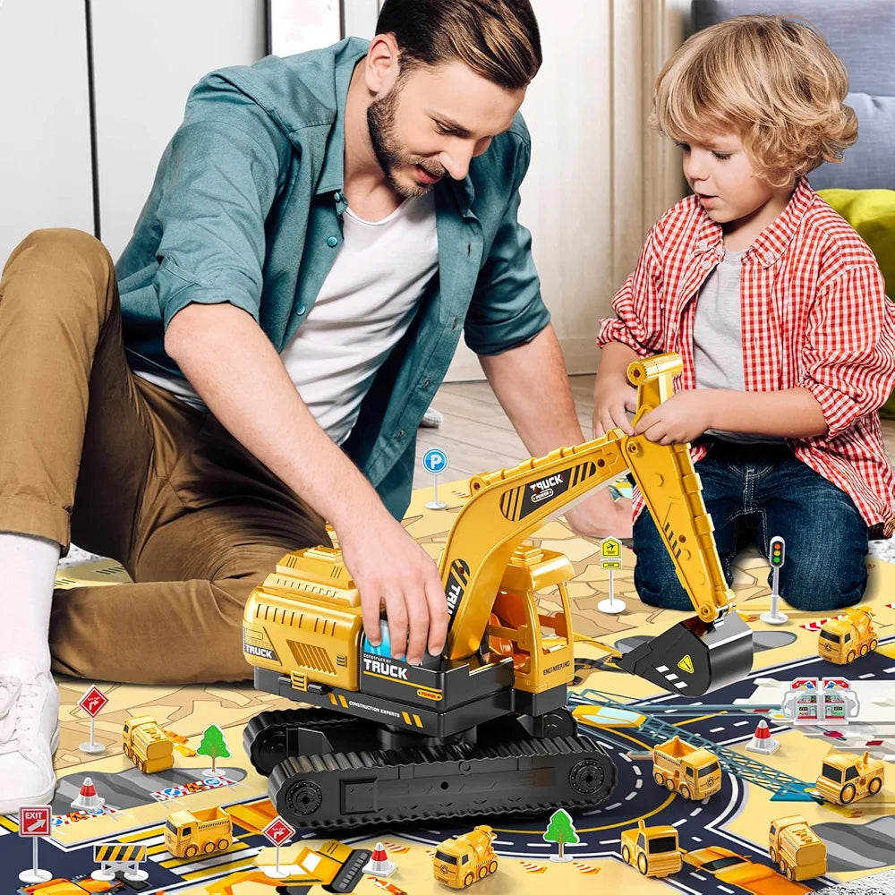 Mega Construction Excavator & Race Track Playset – 8 Mini Trucks, Lights, Sounds & Play Mat Included