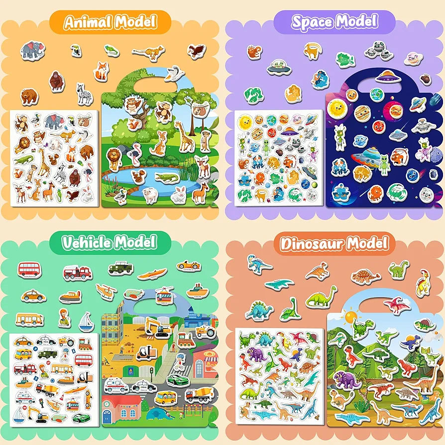 Reusable Sticker Activity Books 4 Pack + Marker Montessori Travel Toy for Toddlers