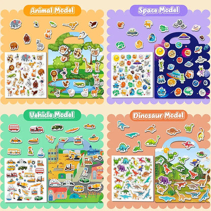 Reusable Sticker Activity Books 4 Pack + Marker Montessori Travel Toy for Toddlers