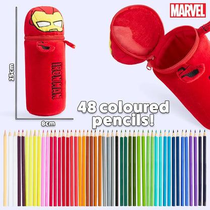 Marvel Spiderman Colored Pencils and Pencil Case 48 Pcs Art Supplies (Red Iron Man)