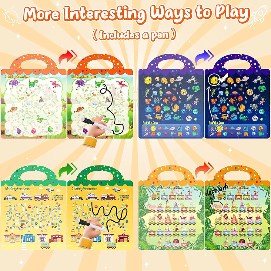 Reusable Sticker Activity Books 4 Pack + Marker Montessori Travel Toy for Toddlers