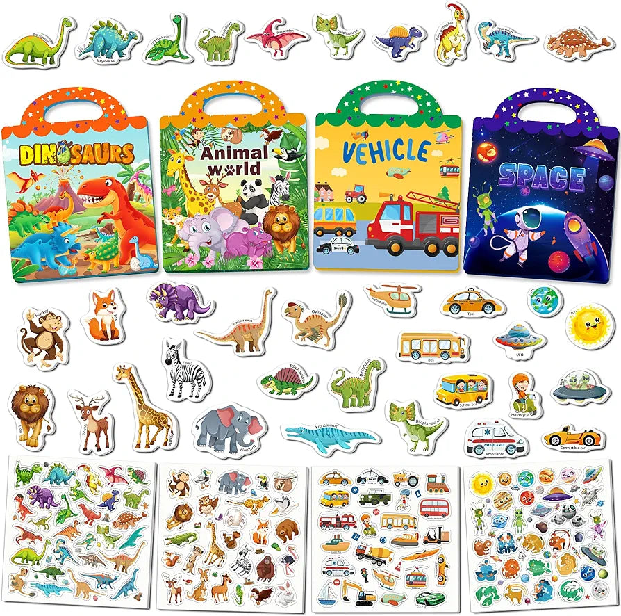 Reusable Sticker Activity Books 4 Pack + Marker Montessori Travel Toy for Toddlers