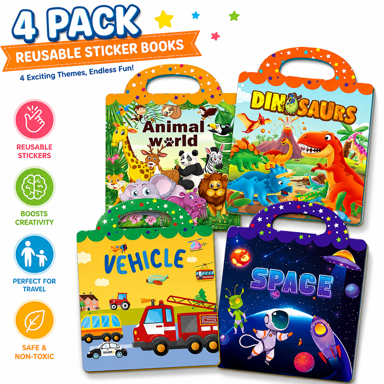 Reusable Sticker Activity Books 4 Pack + Marker Montessori Travel Toy for Toddlers