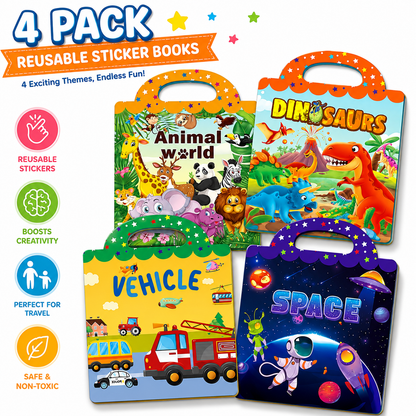 Reusable Sticker Activity Books 4 Pack + Marker Montessori Travel Toy for Toddlers