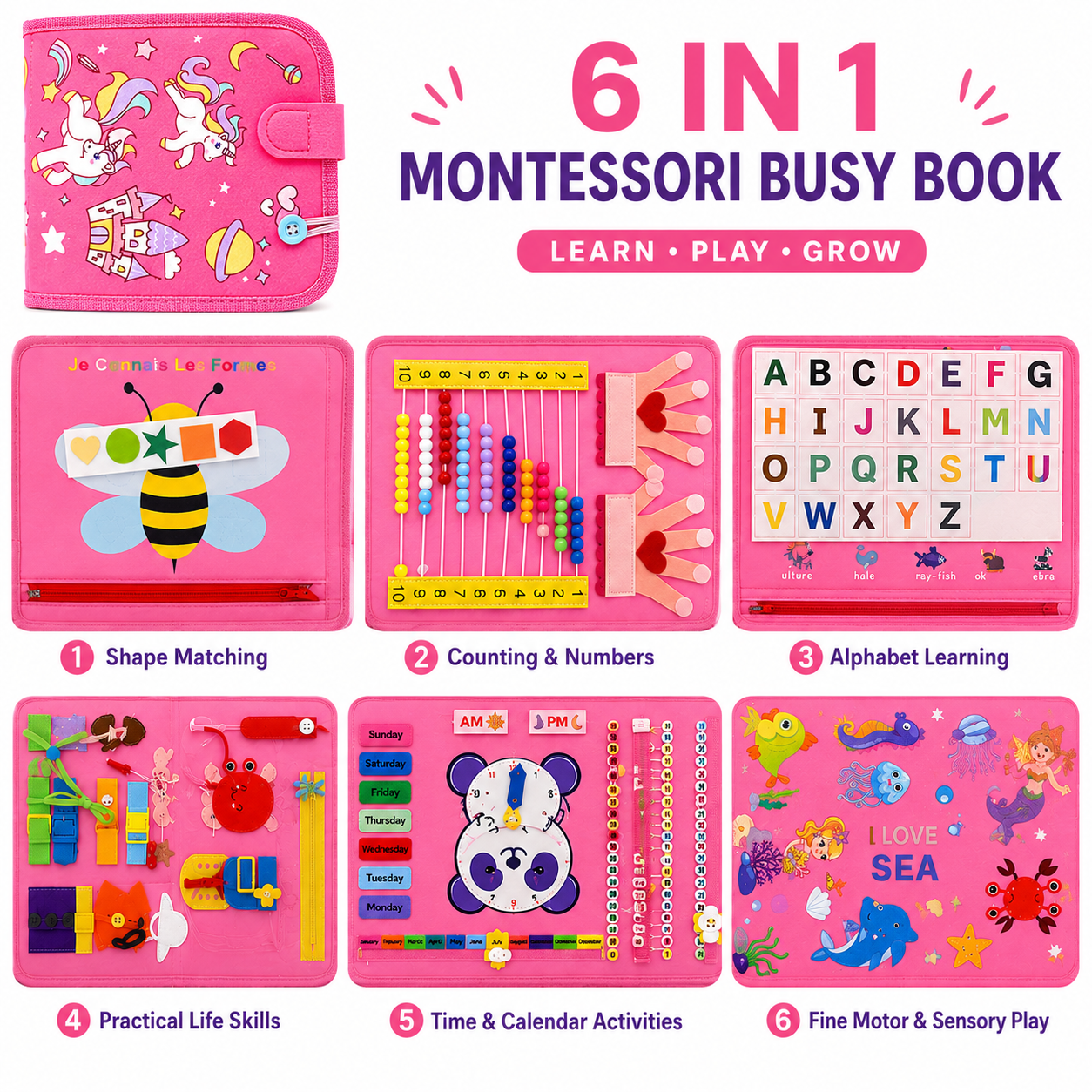 Montessori Busy Book – 6 Sections Learning Activities