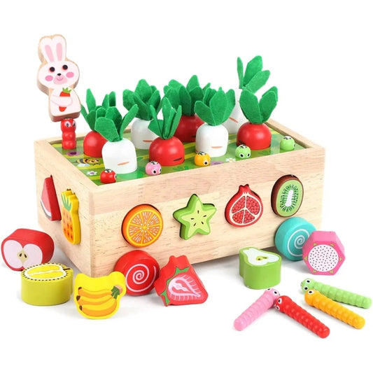 Montessori Wooden Fruit & Carrot Harvest Toy | Shape Sorting & Fine Motor Learning Game for Toddlers