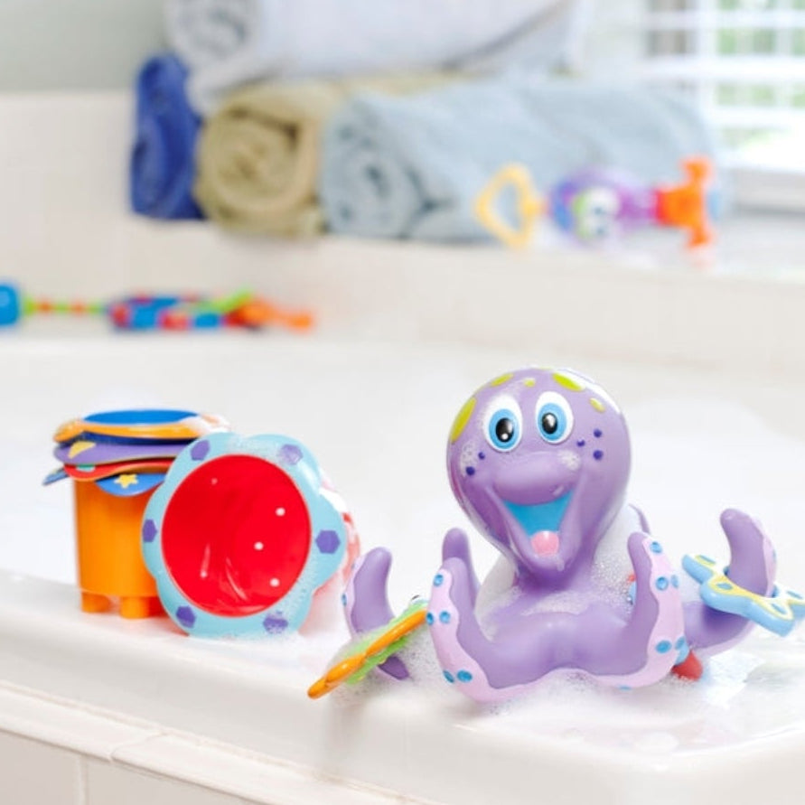 Floating Octopus baby bath Toy with 3 Hoopla Rings for Boys and Girls - 18+ Months - Purple