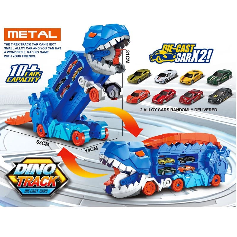 Transforming Dinosaur Monster Truck Playset 🦖 Dino Carrier + 8 Alloy Cars & DIY Road Track